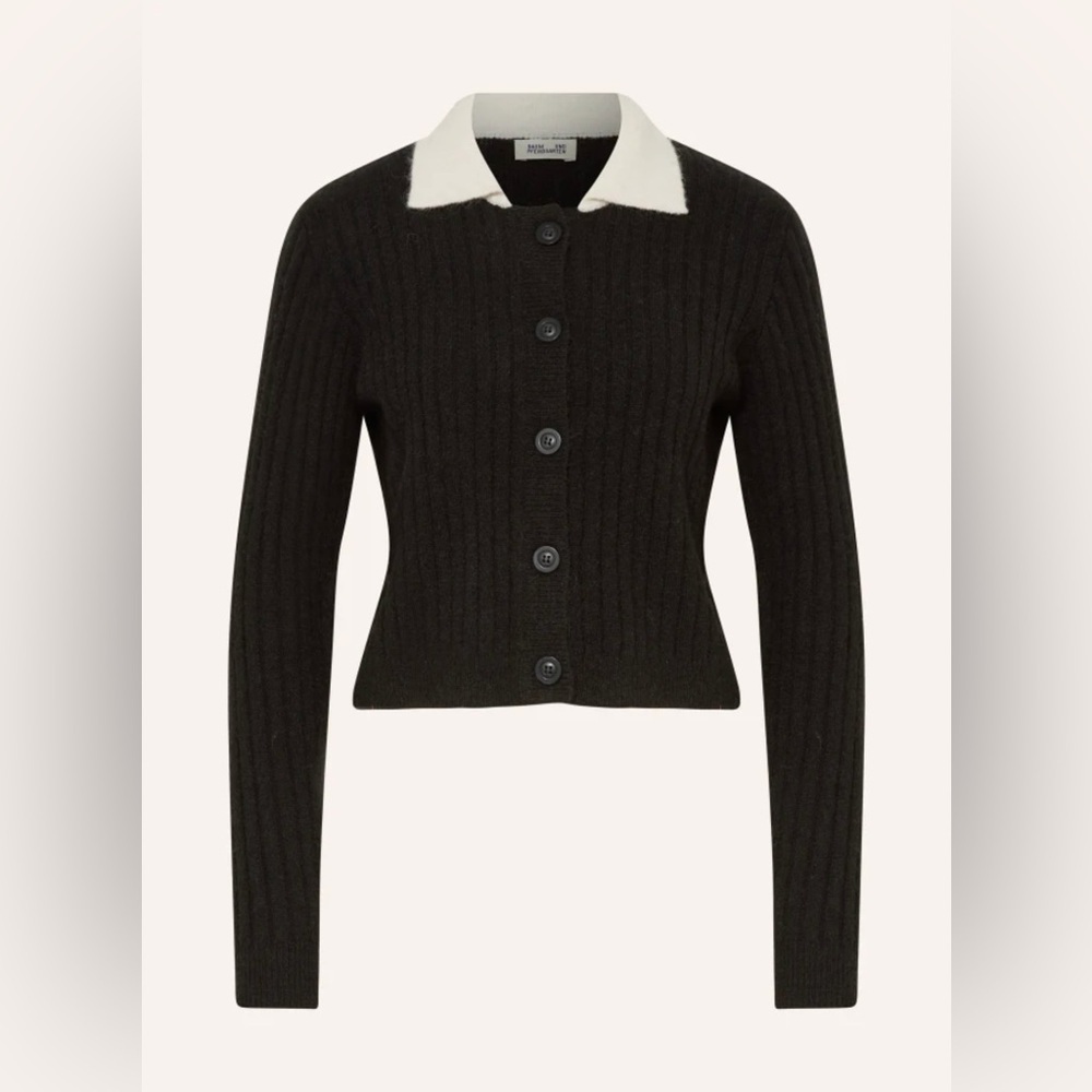 Baum und pferdgarten Black wool Ribbed Cardigan with White Collar size L NWT